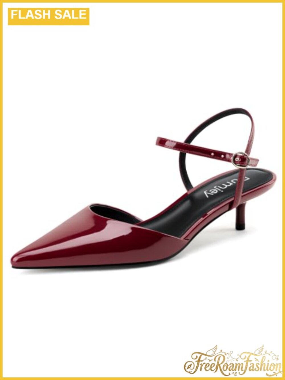 Kitten Heel Pointed Toe Pumps Patent Leather Ankle Strap Low Heels